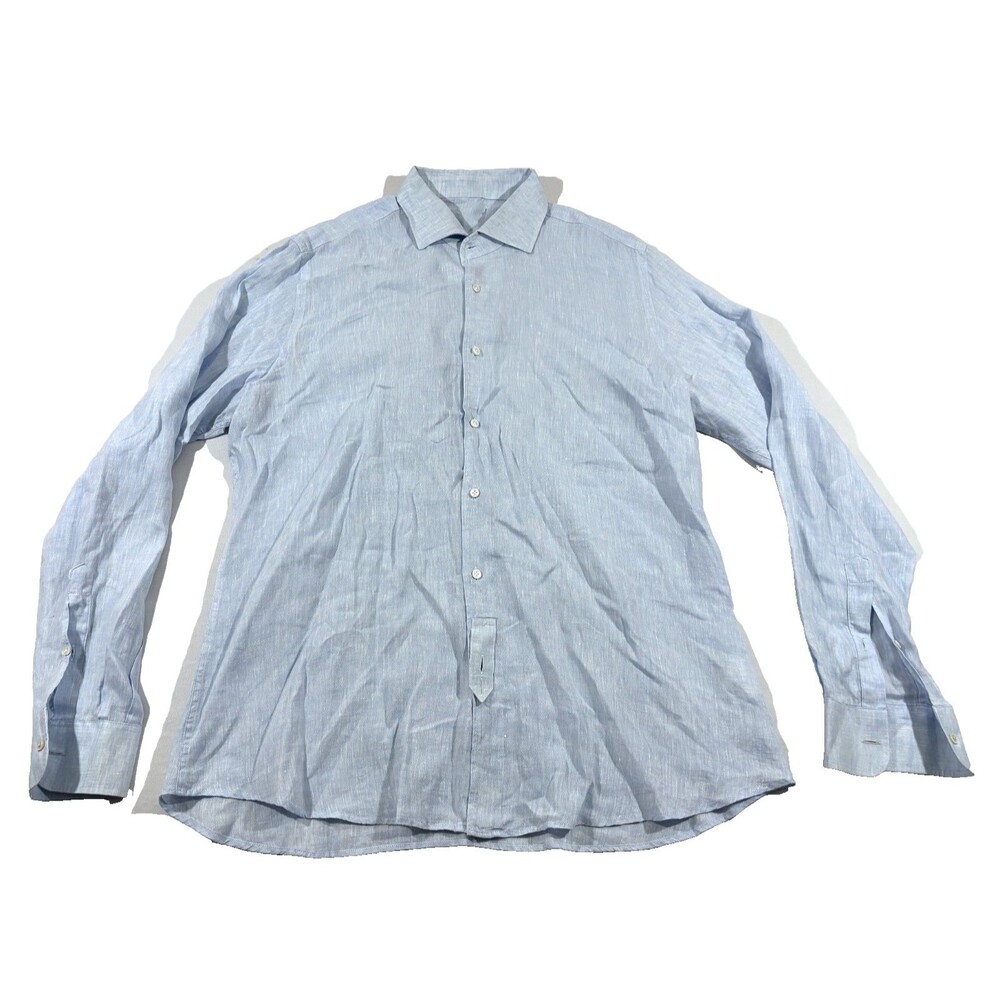 Luca Faloni Linen Shirt Blue Mens Coastal Italy Button Long Sleeve Casual Sz 2XL